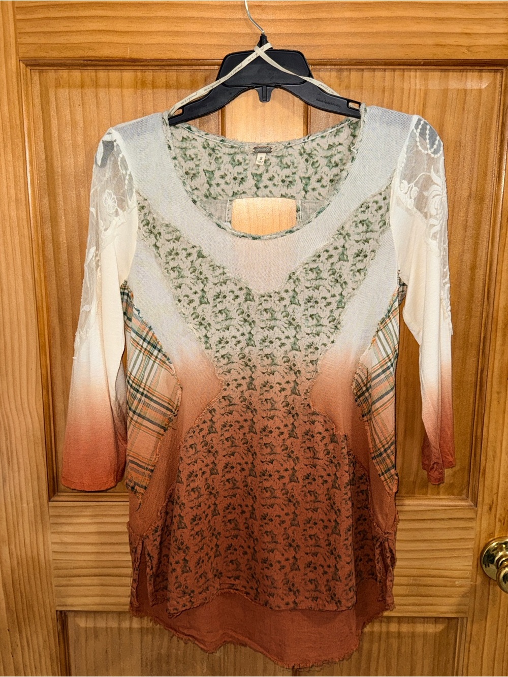 gimmicks by BKE Cream, Green and Rust Mixed-Print Scoop Neck Top-S-GC - Picture 3 of 15